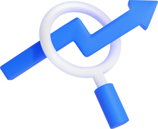 Lupe mit rundem weißem Rahmen und blauem Griff überlagert diagonalen, blauen Aufwärtspfeil mit gezackter Kurve, dreidimensionalem Design und weichen Schattierungen auf transparentem Hintergrund.