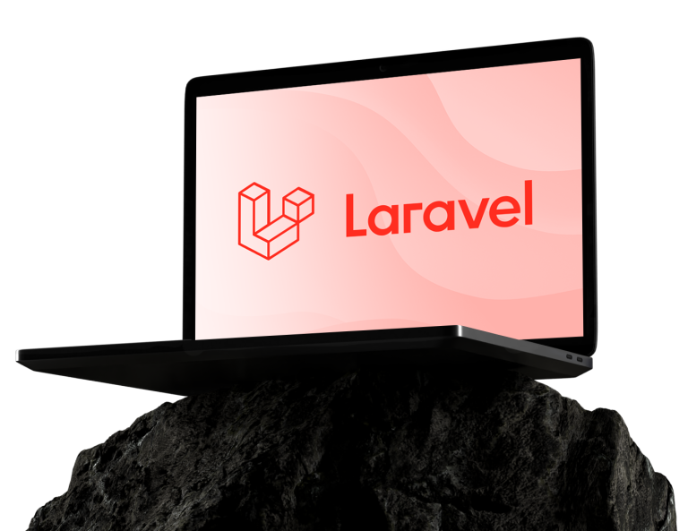 Laptop mit offenem Bildschirm zeigt roten Schriftzug 'Laravel' und kubisches Logo; Gerät steht auf schwarzem Felsen vor dunklem Hintergrund, rosa Verlauf im Bildschirm.