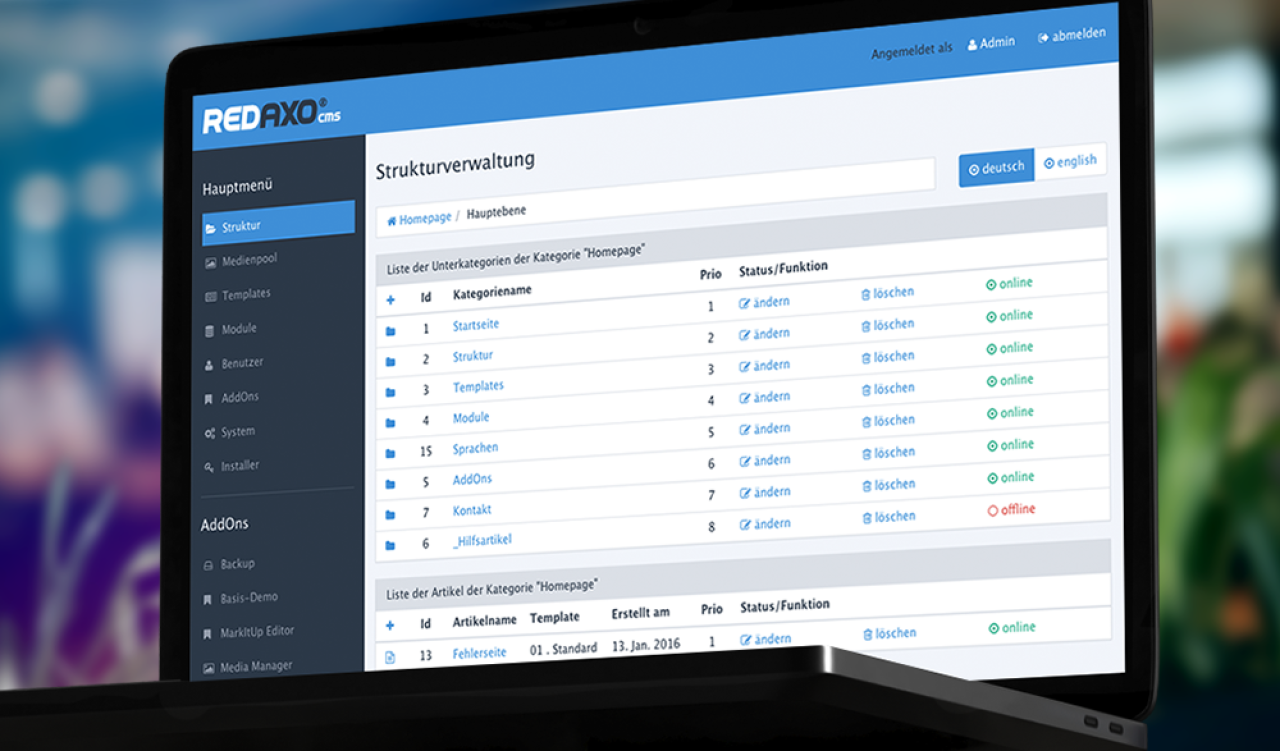 REDAXO Verwaltungsoberfläche (Backend)