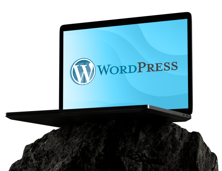 Laptop mit geöffneter Anzeige, die das Logo und den Schriftzug WordPress zeigt; Gerät steht auf unregelmäßigem dunklem Felsen vor schwarzem Hintergrund.