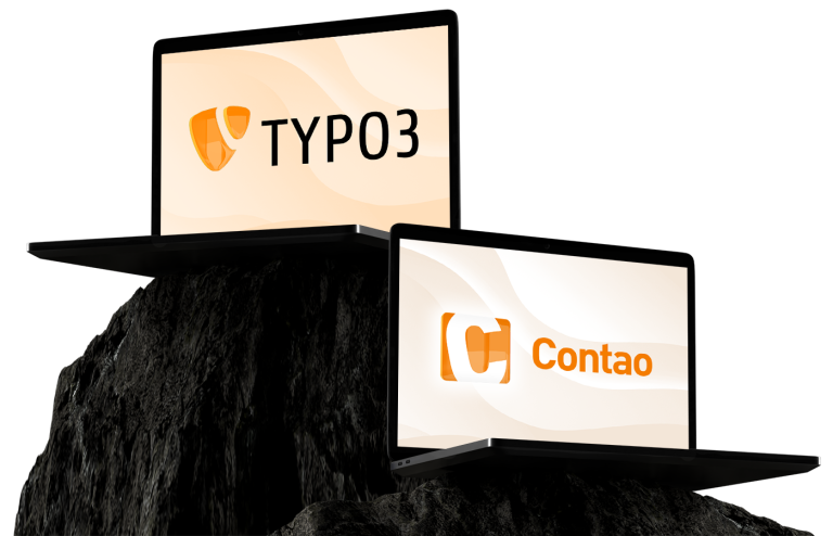 Zwei offene Laptops zeigen auf ihren Bildschirmen je ein orange Logo und den Text 