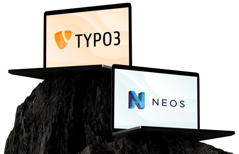 Zwei geöffnete Laptops zeigen auf ihren Bildschirmen links ein orangees Schild-Logo und den Schriftzug 