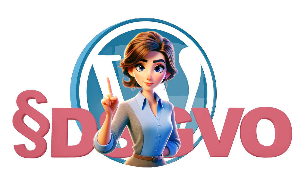 Animierte Frau mit schulterlangem braunem Haar und hellem Hemd, die mit erhobenem Zeigefinger zeigt; im Hintergrund großes blau-weißes WordPress-Logo und rosa Schrift 