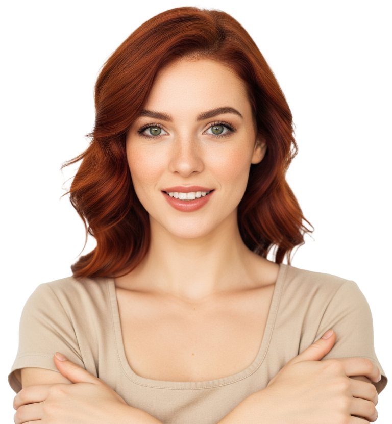 Individuelles Webdesign von Homepage Helden: selbstbewusste Frau mit rotbraunen Haaren und verschränkten Armen.