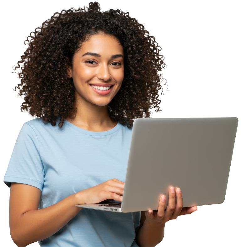 UX/UI Design bei Homepage Helden: lächelnde Frau arbeitet am Laptop am Design einer Website.