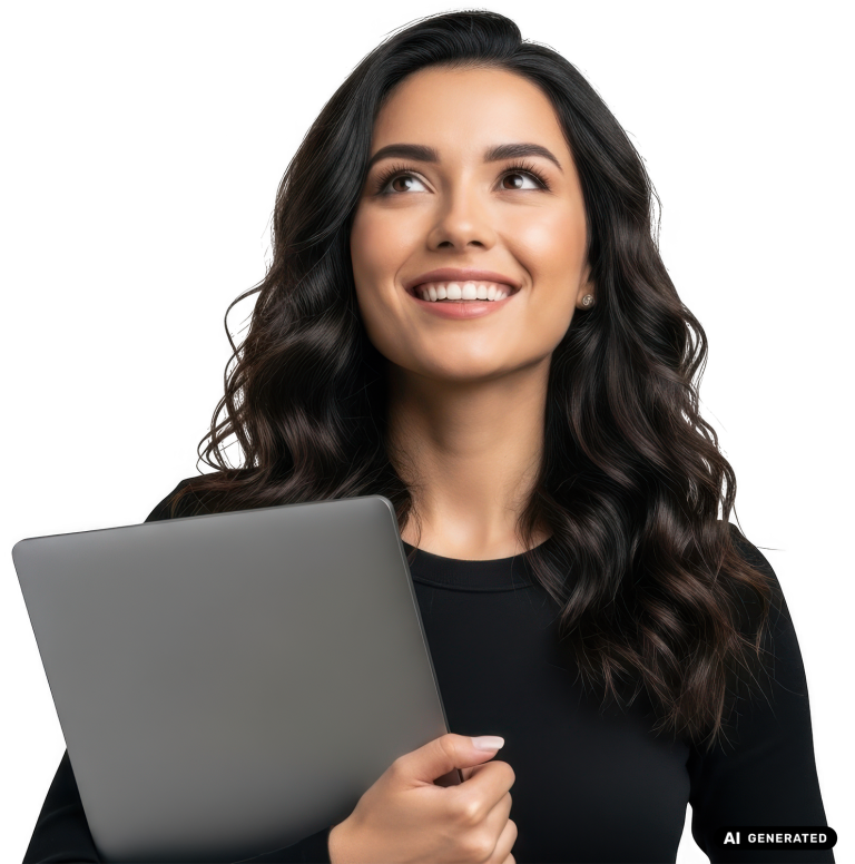 Lächelnde Frau mit dunklen Locken, die einen aufgeklappten Laptop hält und nach oben blickt. KI-generiertes Bild.