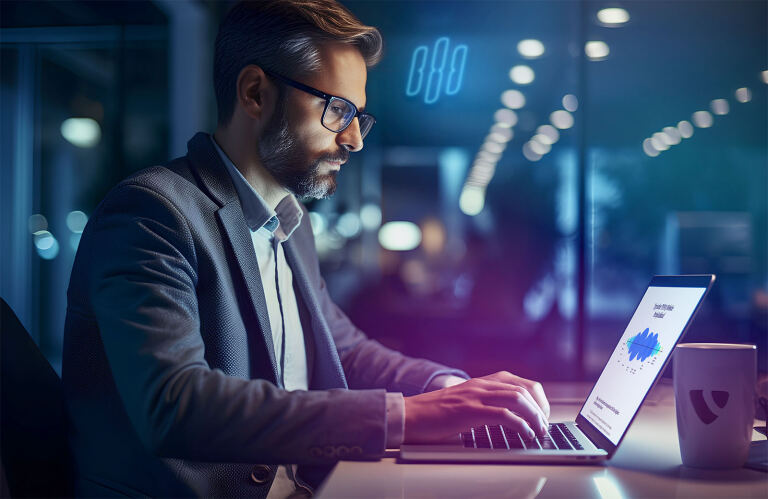 Mann mit Bart und Brille tippt auf Laptop, sitzt am Schreibtisch in dunklem Büro, Laptop zeigt farbiges Diagramm, rechts Kaffeetasse, leuchtende Bürobeleuchtung im Hintergrund.