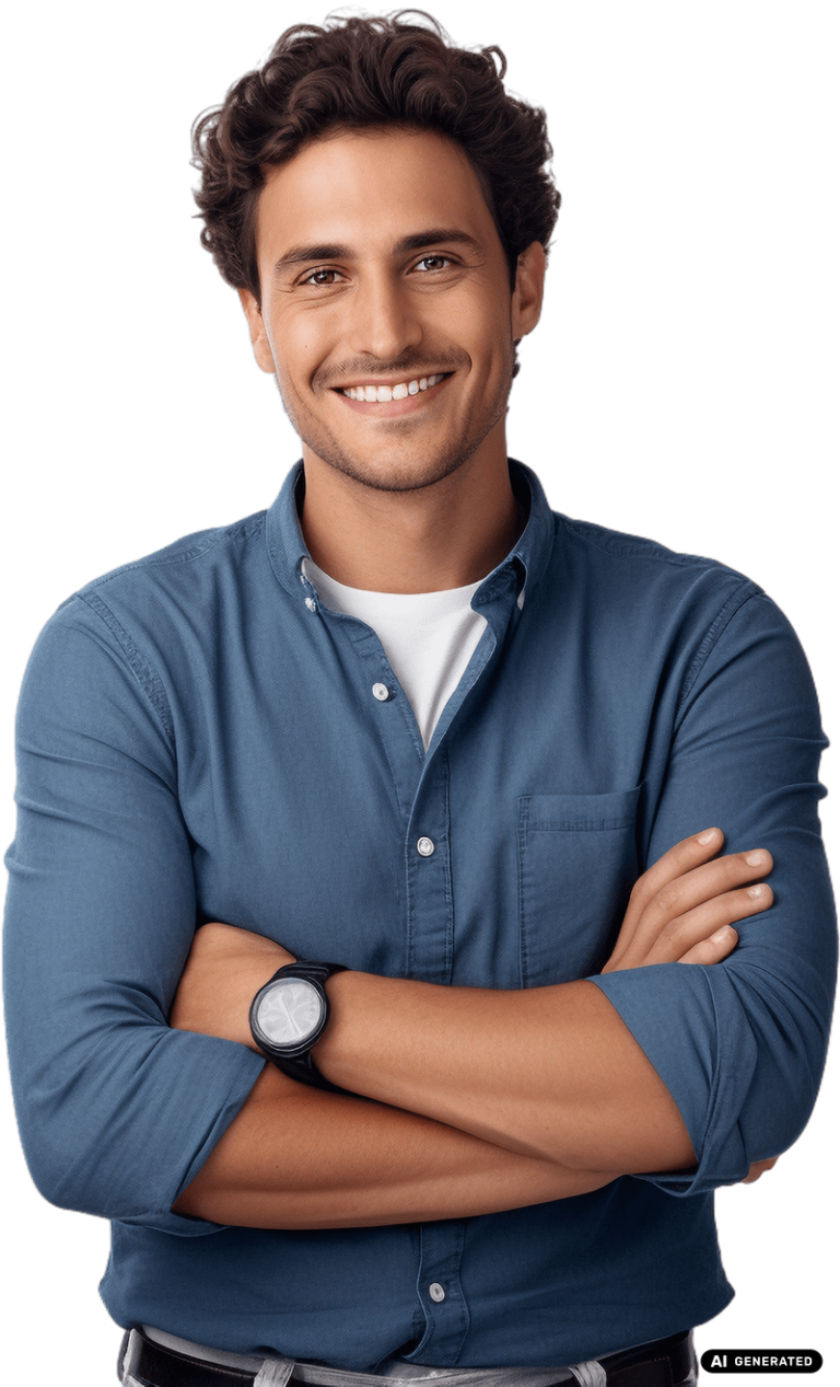 Junger Mann steht mit verschränkten Armen, trägt blaues Hemd über weißem T‑Shirt, Armbanduhr am linken Handgelenk, kurze lockige Haare, freigestellter neutraler Hintergrund. KI-generiertes Bild.