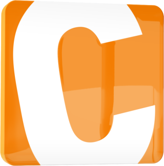 Großes weißes C (Text: C) zentriert auf einem glänzenden orangefarbenen, abgerundeten Quadrat-Icon; Icon zeigt sanfte Farbverläufe, Lichtreflexe und leichte Schlagschatten.