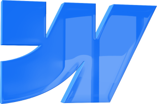 Dreidimensionales, glänzendes blaues Symbol in Form eines stilisierten „W“ – freigestellt vor transparentem Hintergrund – mit glatten, abgerundeten Kanten und hellen Lichtreflexen