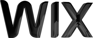 WIX in großen schwarzen glänzenden 3D-Buchstaben, die nebeneinander stehen auf transparentem Hintergrund mit Spiegelungen, weichen Schatten und leicht abgerundeten Kanten.