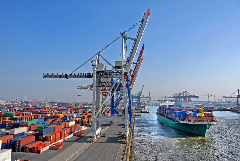 Containerbrücken am Burchardkai im Hamburger Hafen, davor gestapelte Container, rechts läuft ein beladenes Containerschiff ein.