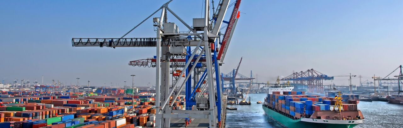 Containerbrücken am Burchardkai im Hamburger Hafen, davor gestapelte Container, rechts läuft ein beladenes Containerschiff ein.