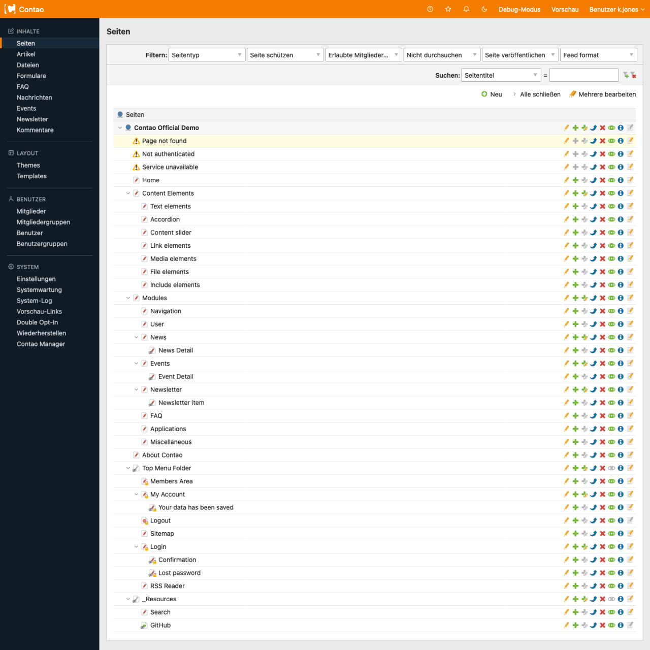 Deutschsprachiges Contao-Backend: links die Navigation mit Seiten, Artikel, Dateien, Formulare, FAQ, Nachrichten und Events, daneben der aufgeklappte Seitenbaum der Demo-Installation mit Bearbeitungssymbolen je Zeile