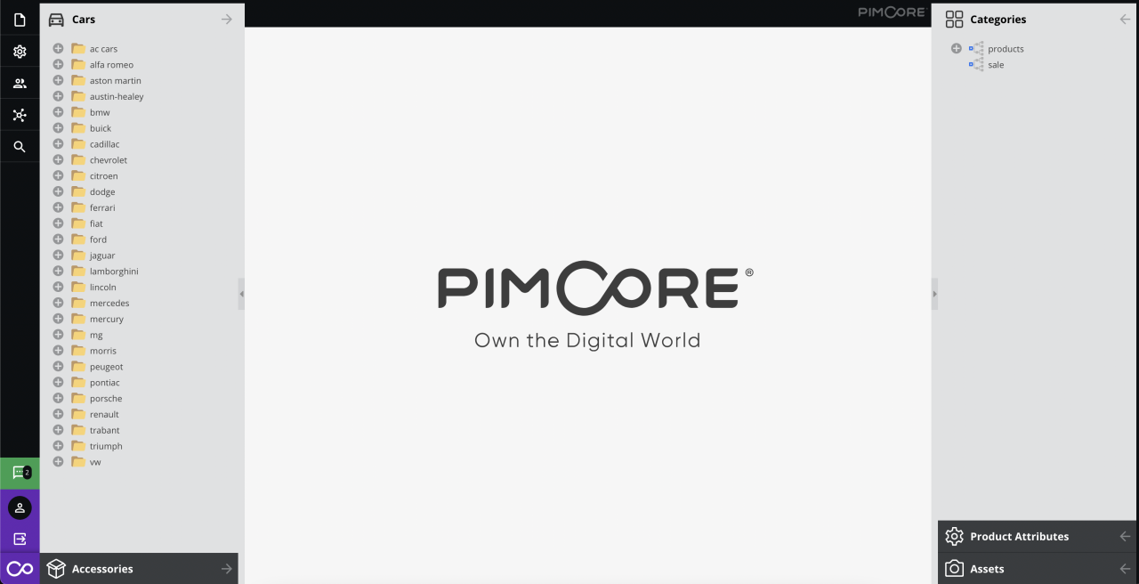 Pimcore-Backend mit dunkler Kopfleiste, links ein Baum mit Fahrzeugmarken von Alfa Romeo bis Lincoln, in der Mitte die Arbeitsfläche, rechts eine Spalte mit Kategorien