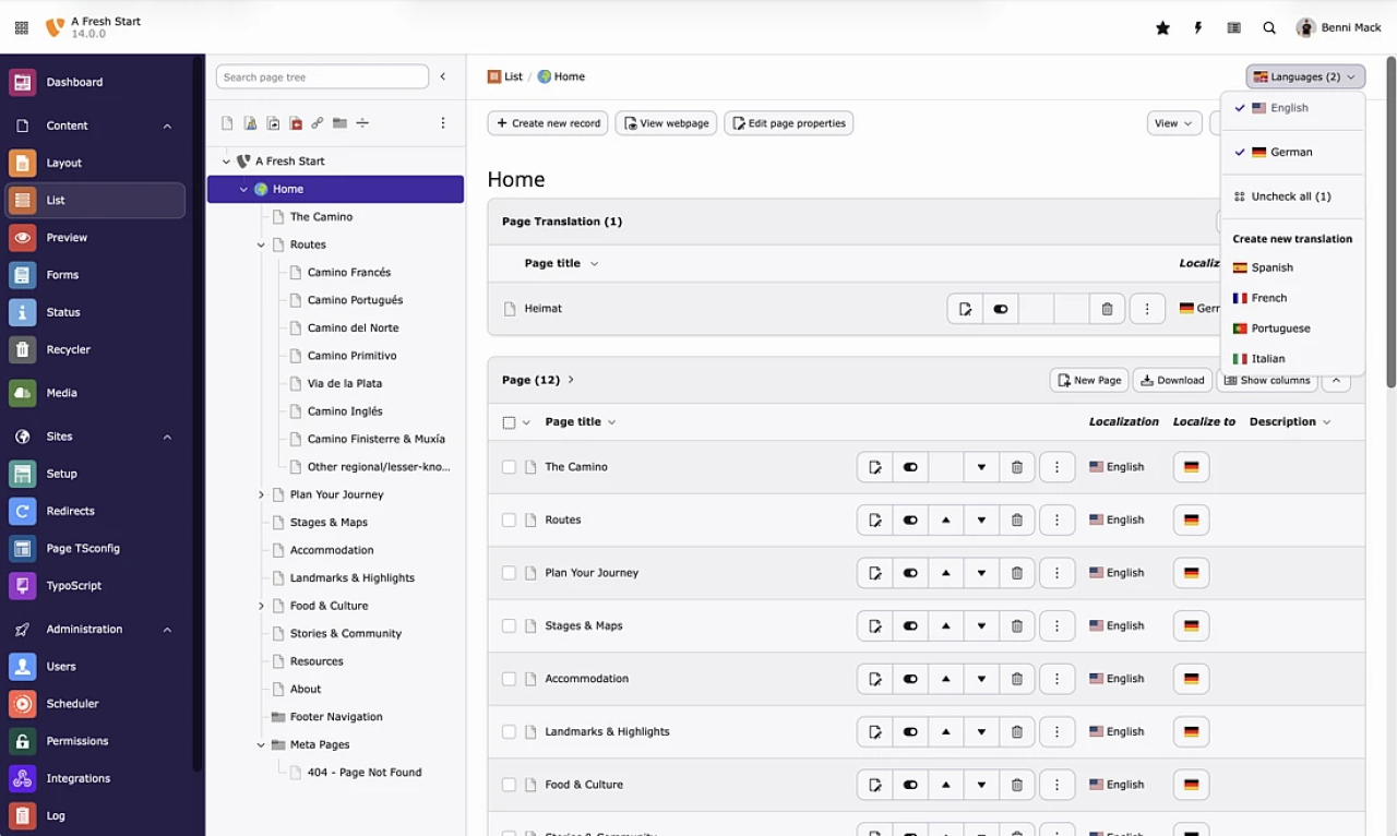 Listenansicht im TYPO3-Backend: links die Modulleiste mit Dashboard, Inhalt, Layout und Verwaltung, daneben der aufgeklappte Seitenbaum, rechts die Seitenliste mit Übersetzungsspalten und ein geöffnetes Sprachmenü