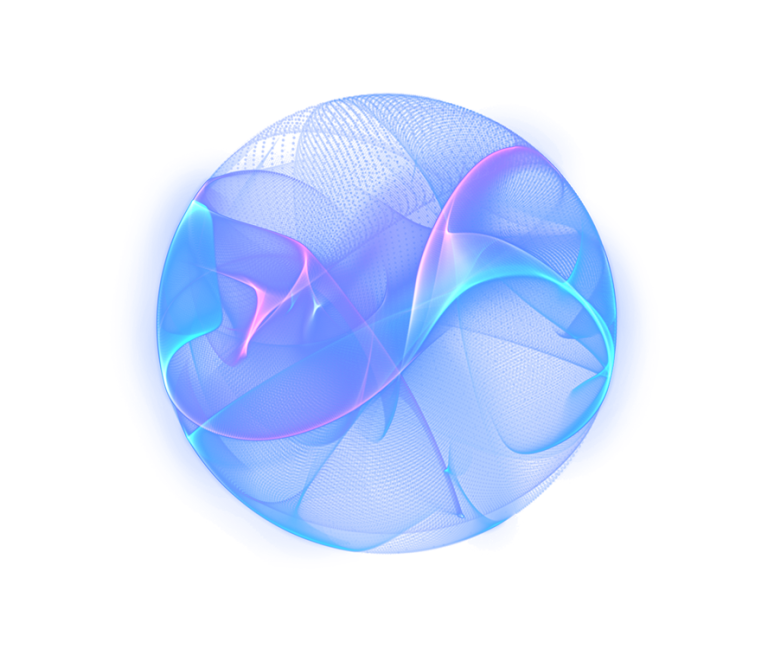 Transparente, leuchtende Kugel aus blauen und rosa wellenförmigen Bändern, die sich zu einer schwebenden, drehenden Sphäre verweben, mit feinem Punktmuster und hellem Nebelschein.