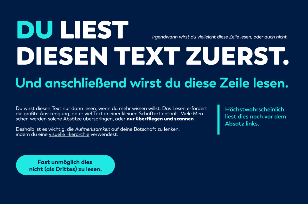 Abbildung eines Textes mit Elementen unterschiedlicher Hierarchie, dargestellt durch Reihenfolge, Platzierung, Größe, Farbe und Formatierung