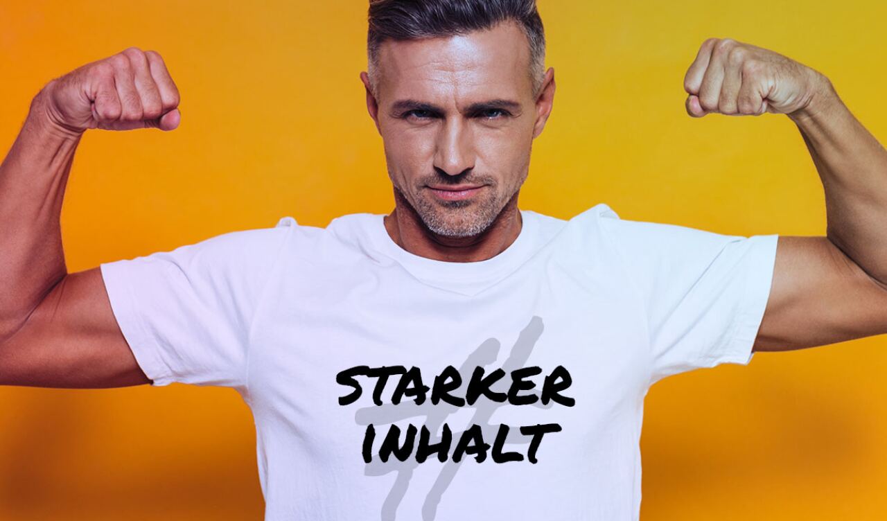 Mann lässt seine Muskeln spielen, auf dem T-Shirt steht: starker Inhalt