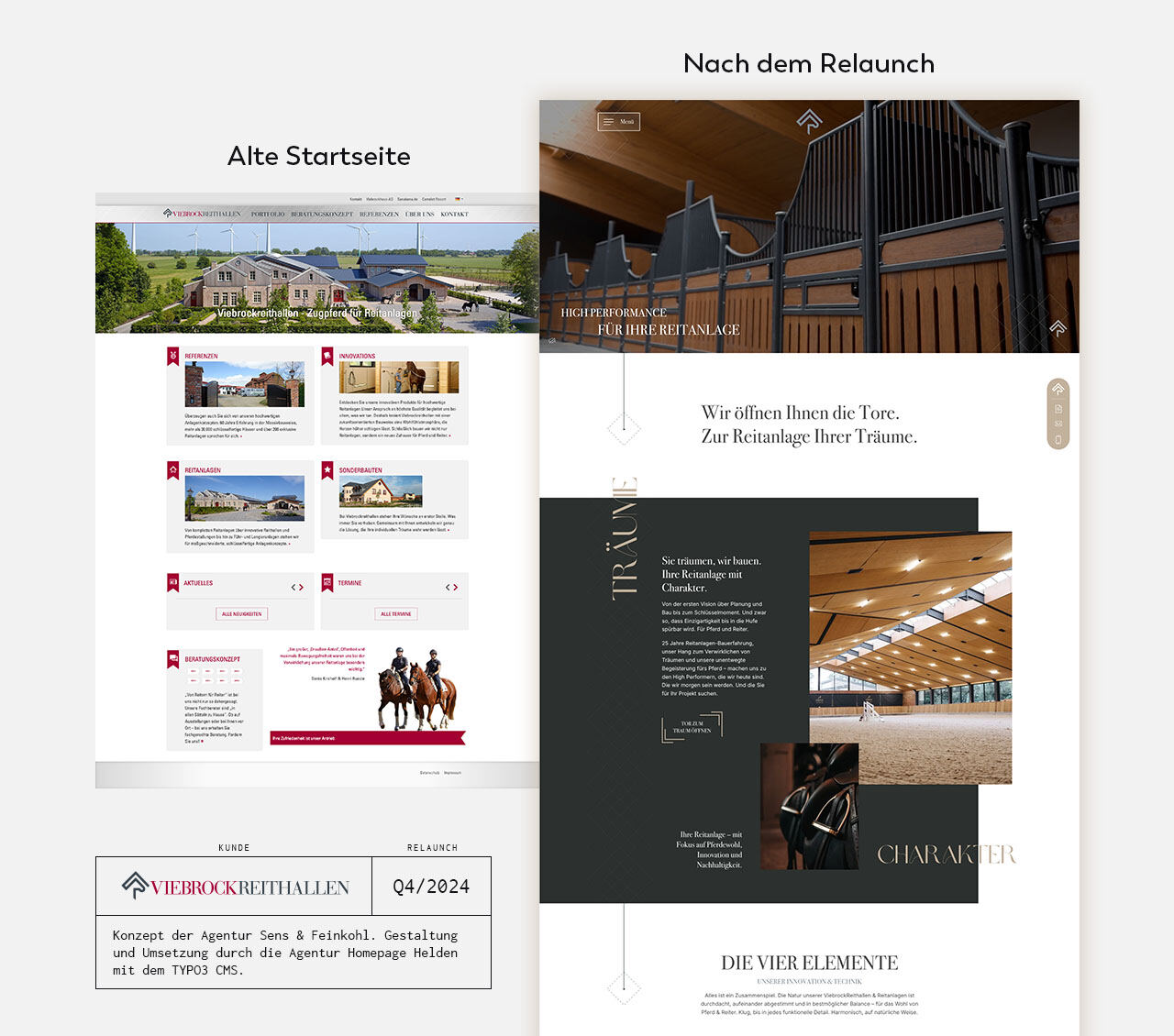 Vergleich eines Website-Designs vor und nach dem Relaunch (Viebrock Reithallen)