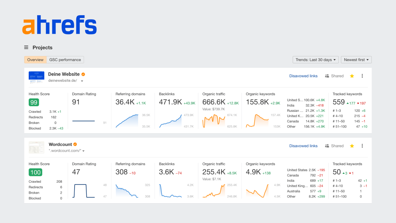 Abbildung des ahrefs-Backends