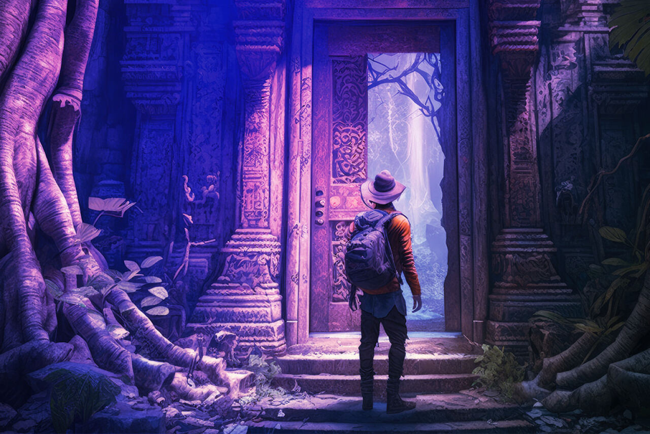 Person mit Rucksack und Hut steht vor einer kunstvoll verzierten, halb geöffneten Tür; umgeben von überwucherten Tempelsäulen, großen Baumwurzeln und violett-blauem Licht, Blick ins leuchtende Waldinnere.
