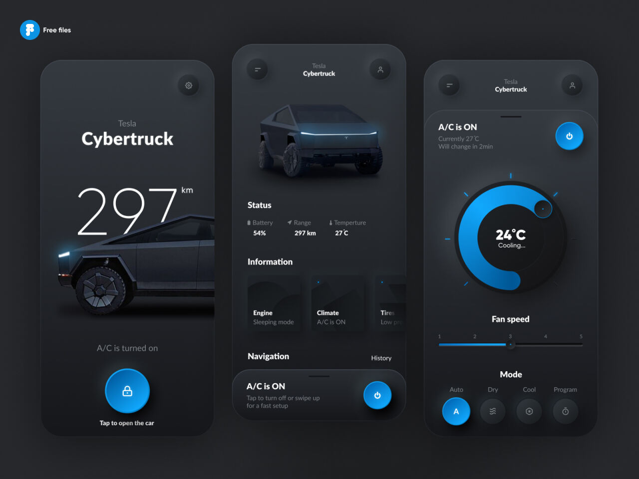 Drei dunkle Smartphone-Interface-Panels des Tesla Cybertruck – zeigen Reichweite, Fahrzeugstatus und Klimasteuerung – nebeneinander mit 3D-Cybertruck-Grafik, Drehregler, Schaltern und Informationskacheln. Text: Free files; Tesla; Cybertruck; 297 km; A/C is turned on; Tap to open the car; Tesla; Cybertruck; Status; Battery 54%; Range 297 km; Temperature 27°C; Information; Engine Sleeping mode; Climate A/C is ON; Tires Low pre...; Navigation; History; A/C is ON; Tap to turn off or swipe up for a fast setup; Tesla; Cybertruck; A/C is ON; Currently 27°C; Will change in 2min; 24°C; Cooling...; Fan speed; 1 2 3 4 5; Mode; Auto Dry Cool Program