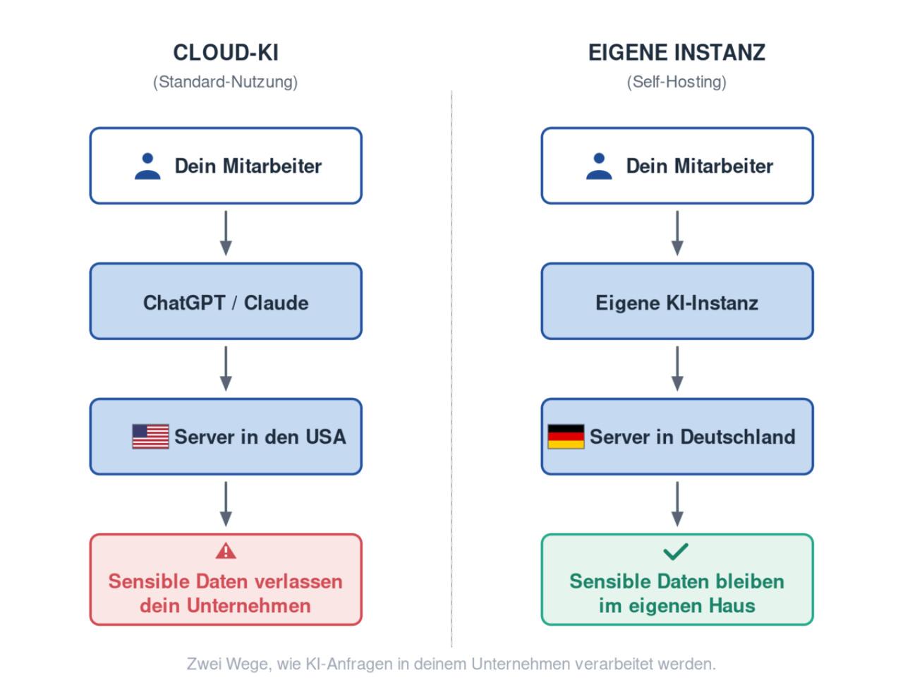 Datenfluss Cloud-KI gegenüber eigener Instanz