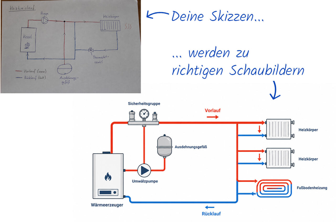 Beispiel: handgezeichnete Skizze wird zu sauberem Schaubild übersetzt
