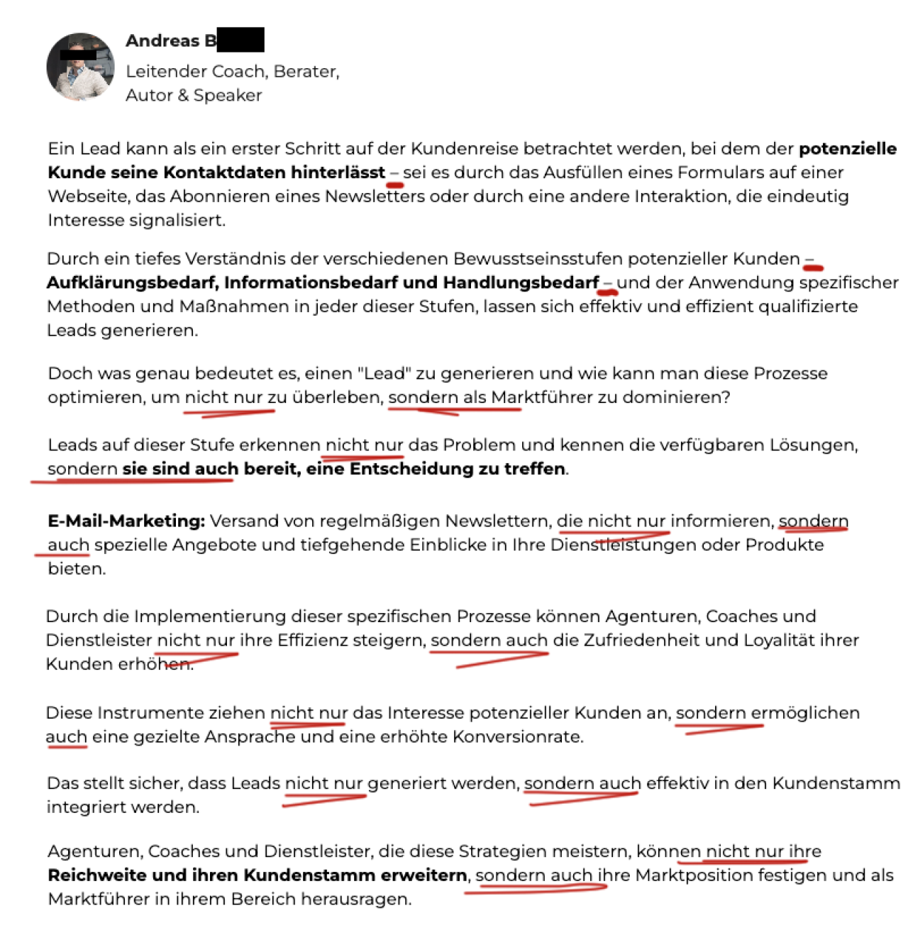Gedankenstrich und Negationsformel kombiniert