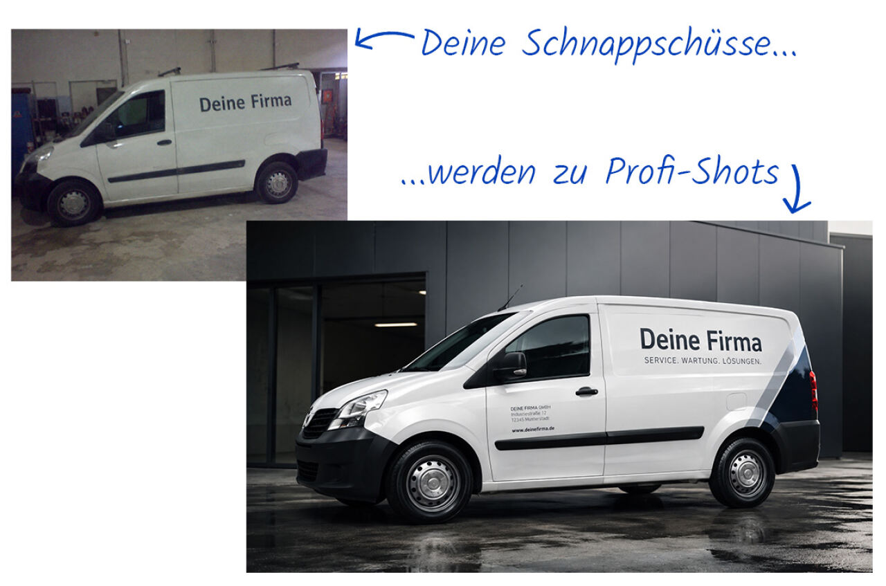 Vergleich: Handy-Schnappschuss eines Firmenfahrzeugs links, Studio-Version rechts
