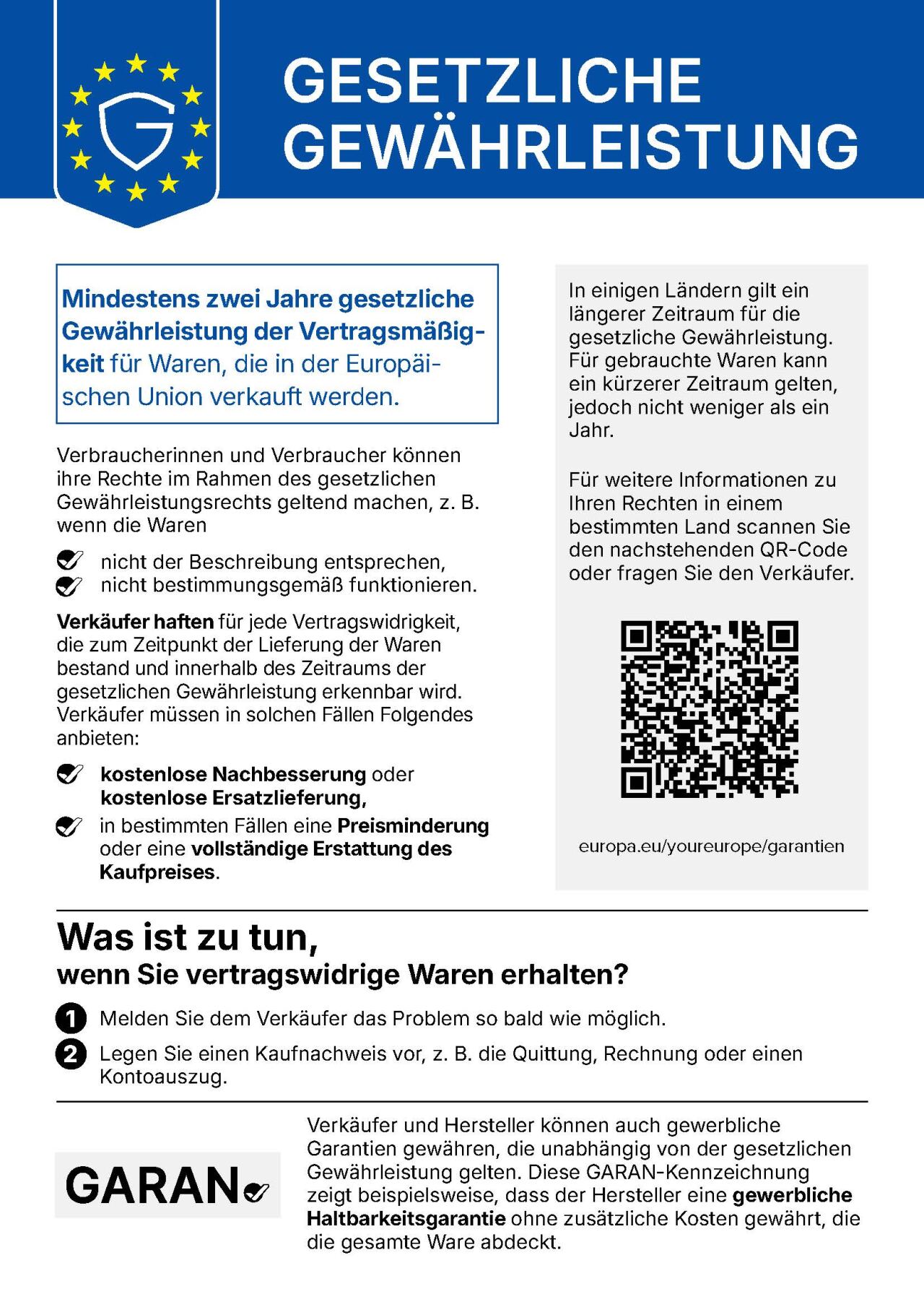 EU-Gewährleistungslabel in deutscher Sprache