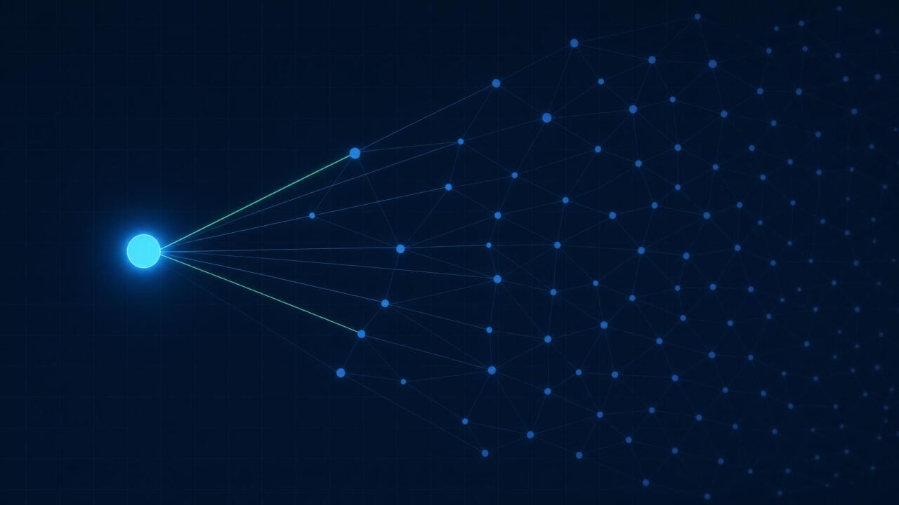 Ein einzelner heller Knotenpunkt links, von dem dünne Linien zu einem nach rechts immer dichter werdenden Netz aus kleineren, blasseren Knoten führen