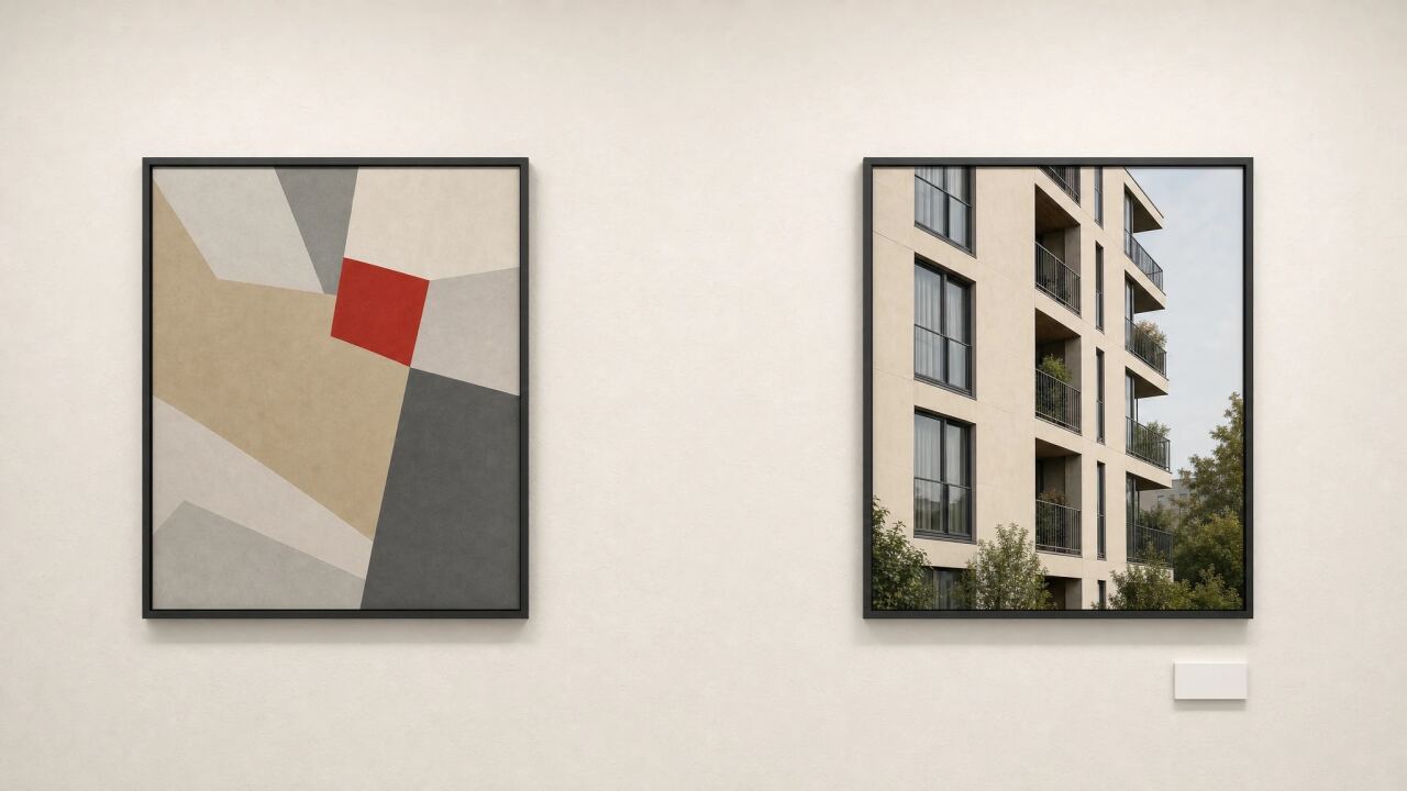 Zwei gerahmte Bilder an einer Wand: links eine abstrakte Grafik, rechts eine fotorealistische Gebäudeaufnahme mit kleinem Hinweisschild darunter
