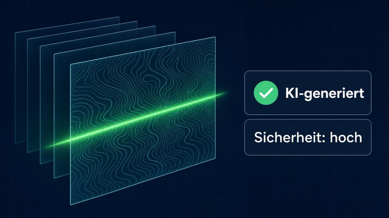 Dunkelblaue Grafik mit gestapelten transparenten Ebenen, einem grünen Scanstrahl über einem Wellenmuster und zwei Badges mit den Angaben KI-generiert und Sicherheit hoch