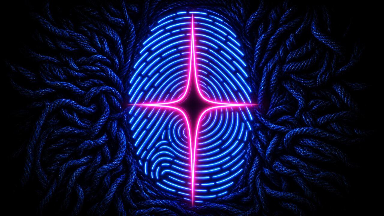 Neon-Grafik eines Fingerabdrucks aus blauen Leuchtlinien, darüber ein magentafarbener vierzackiger Funke als Symbol für eine KI-Signatur