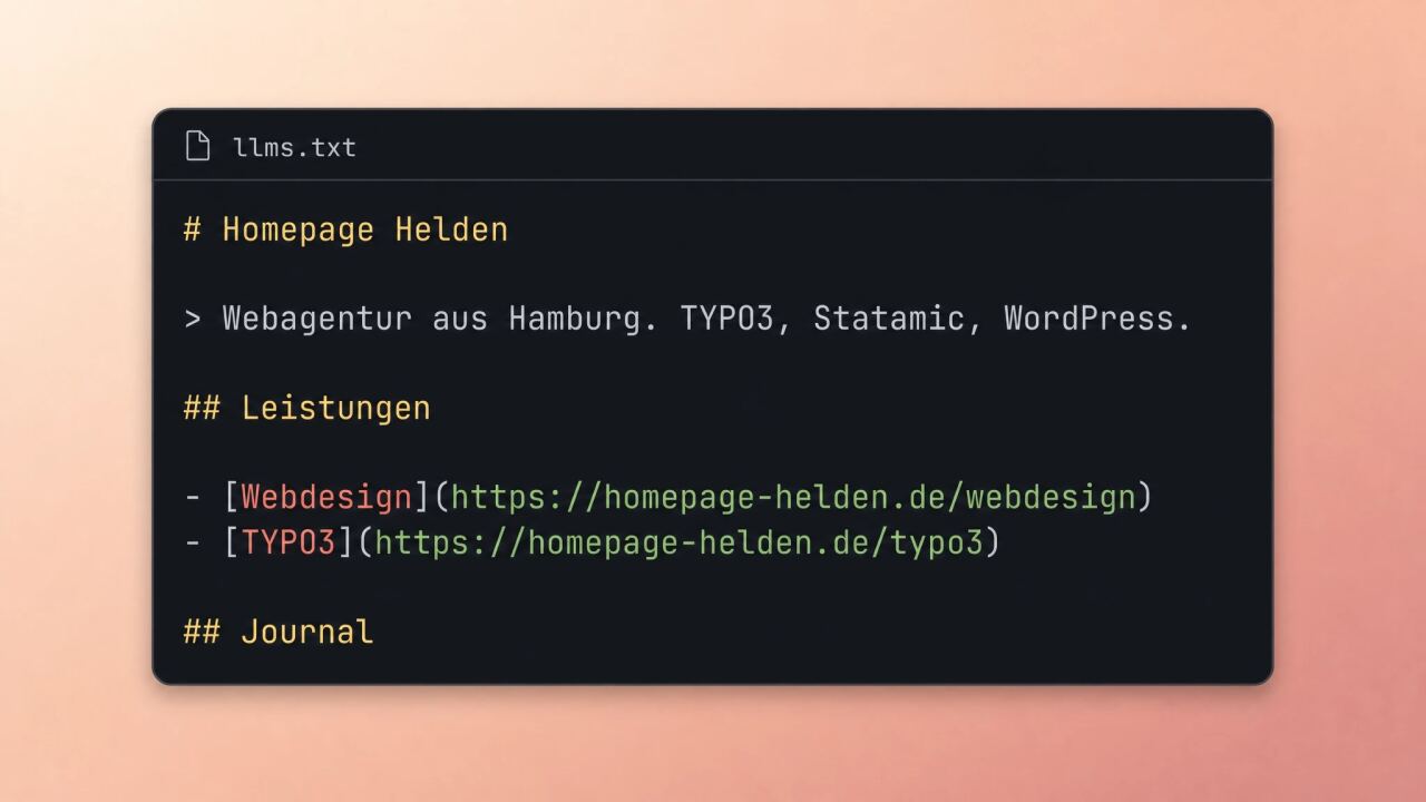 Code-Fenster mit einer Beispiel-llms.txt: Überschrift, Kurzbeschreibung als Blockquote und eine Linkliste in Markdown-Syntax