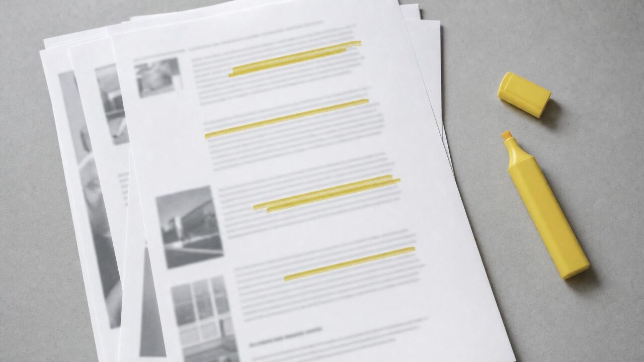 Stapel bedruckter Broschüren auf einem grauen Schreibtisch, vier Textstellen sind mit gelbem Textmarker angestrichen, daneben liegt der offene Marker