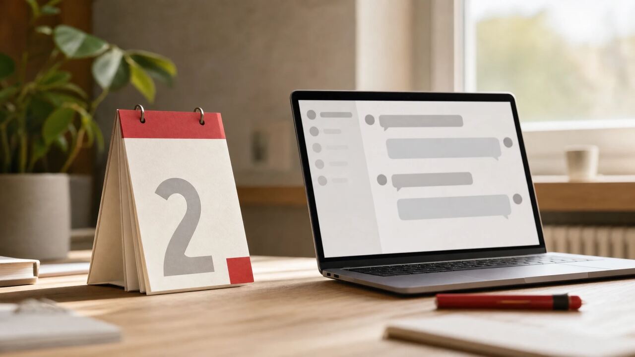Abreißkalender mit dem zweiten Tag des Monats neben einem Laptop mit geöffnetem Chatfenster