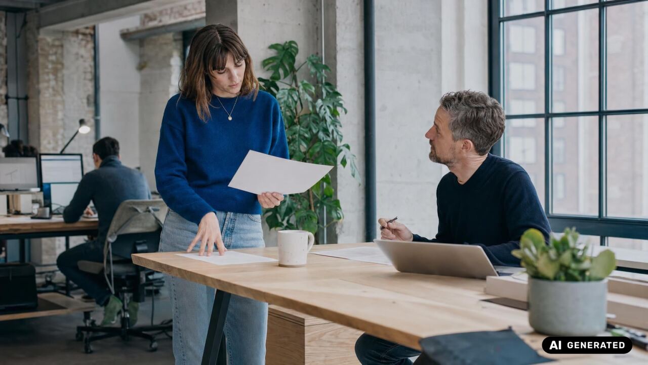 Zwei Mitarbeitende in einem hellen Büro mit Sichtbeton vergleichen zwei ausgedruckte Fassungen eines Textes, im Hintergrund arbeitet eine dritte Person an zwei Bildschirmen. KI-generiertes Bild.