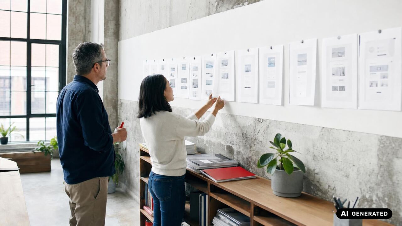 Zwei Mitarbeitende prüfen eine Reihe an die Wand gehefteter Ausdrucke einer Kaufstrecke, sie hebt ein Blatt an, er hält einen roten Stift. KI-generiertes Bild.