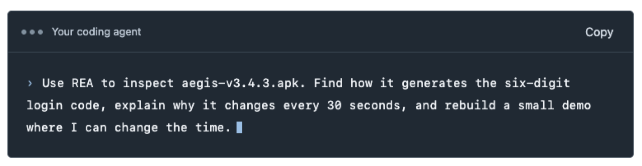 Beipielpromt im Coding Agent, der auf REA zurückgreift