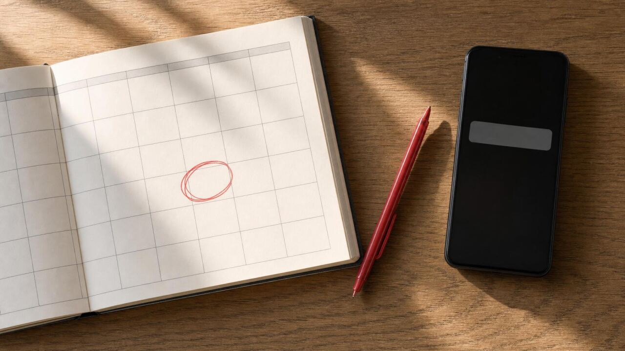 Aufsicht auf einen Holzschreibtisch mit aufgeschlagenem Monatskalender, ein Tag rot umkringelt, daneben ein roter Kugelschreiber und ein Smartphone mit einer Benachrichtigung. KI-generiertes Bild.