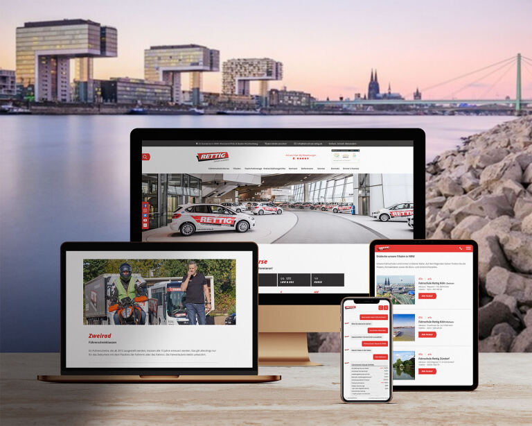 Mehrere digitale Geräte (Desktopmonitor, Laptop, Tablet, Smartphone) zeigen eine Firmenwebsite; auf Bildschirmen ist das Logo 