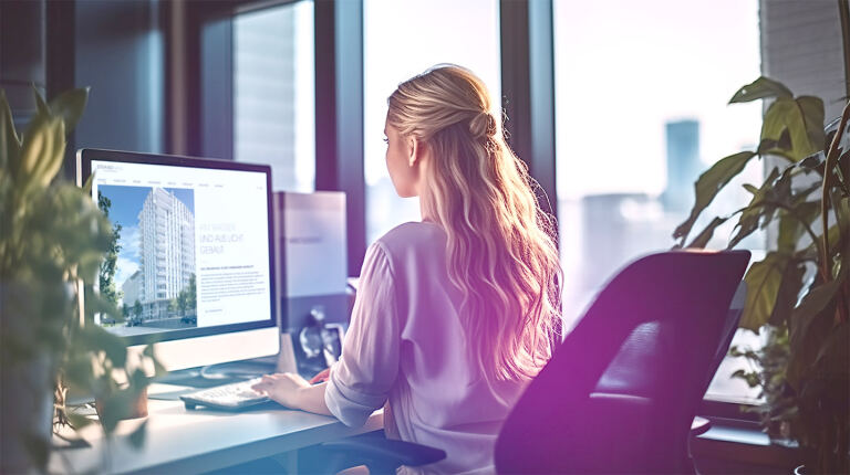 Frau mit langen blonden Haaren sitzt am Schreibtisch und arbeitet an einem Desktop-Computer, helles Büro mit großen Fenstern, Pflanzen, Monitor zeigt Immobilienwebseite mit Gebäudeabbildung.