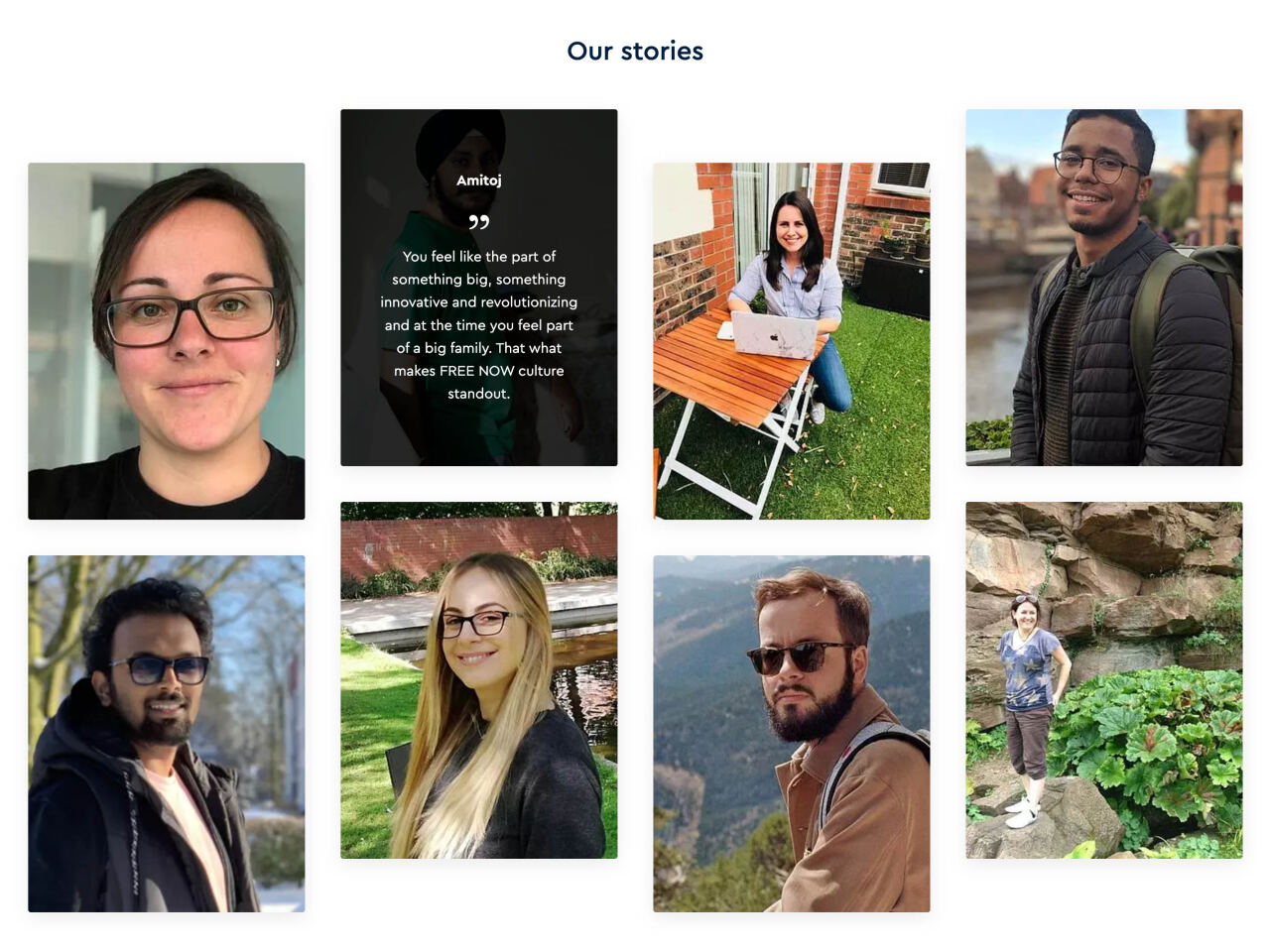 Raster aus acht Porträtfotos und einer zentralen dunklen Testimonial-Karte – Personen sitzen, stehen oder lächeln vor Innen- und Außenkulissen, Website-Layout mit weißem Hintergrund. Text im Bild: 