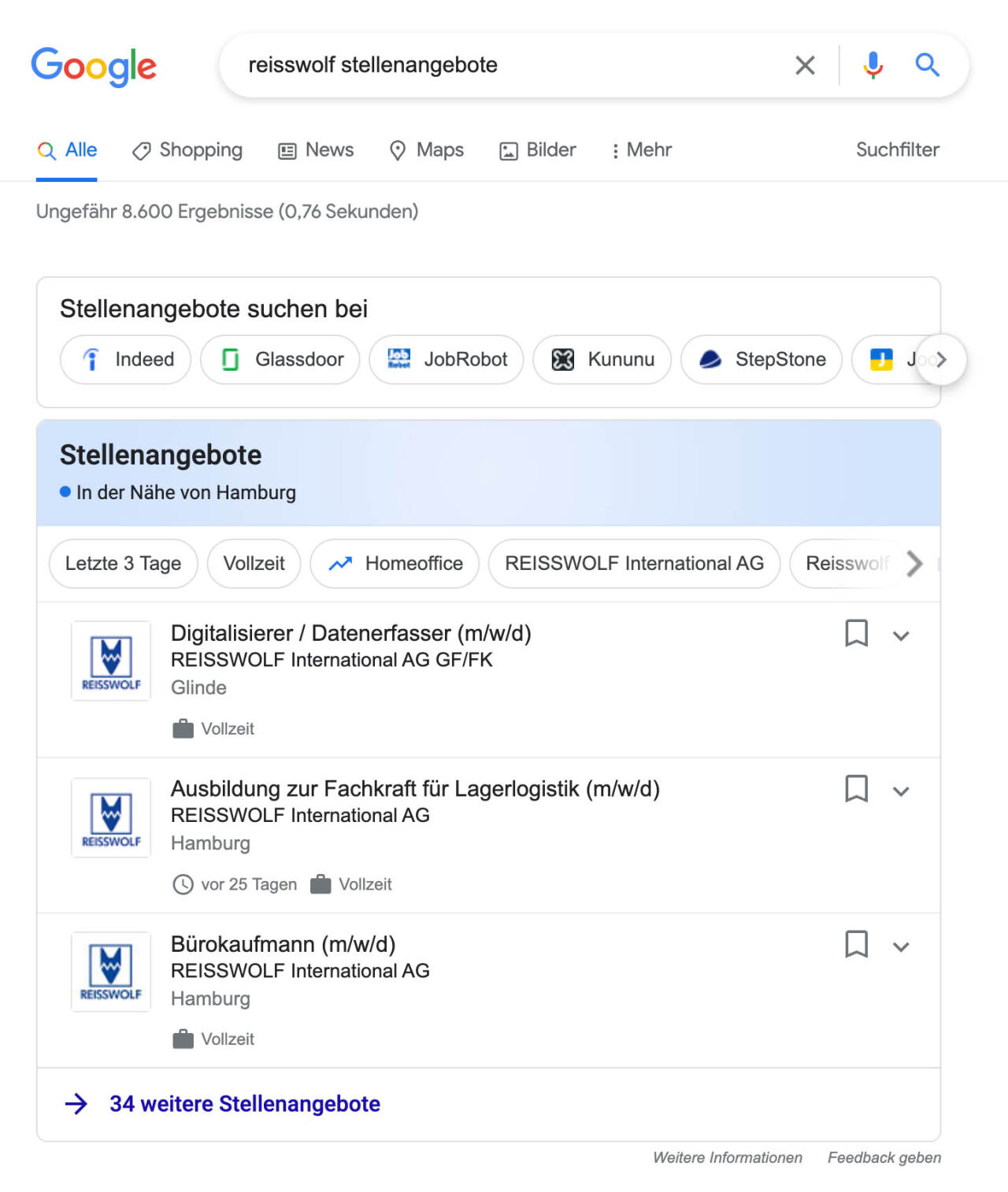 Suchergebnisseite listet Stellenangebote — Suchfeld: 