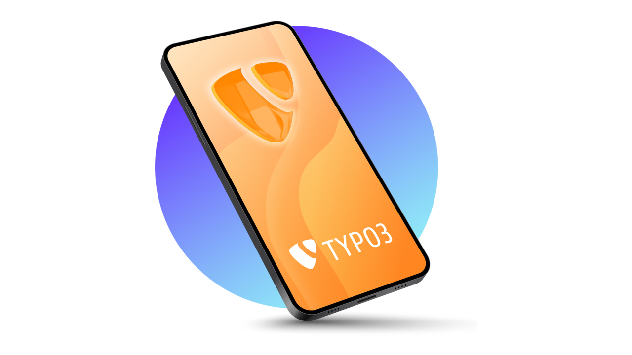 TYPO3 CMS Mobile Darstellung, Smartphone mit TYPO3 Logo.